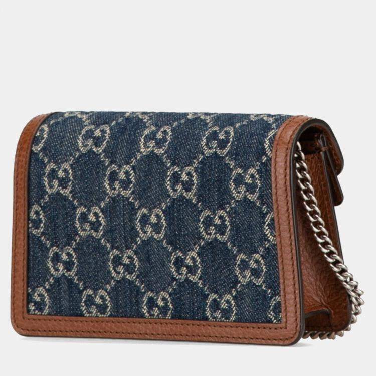 Pre Owned Gucci Gg Denim Dionysus Super Mini Bag Crossbody Chain Indigo Blue Brown Leather