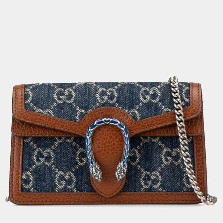 Pre Owned Gucci Gg Denim Dionysus Super Mini Bag Crossbody Chain Indigo Blue Brown Leather