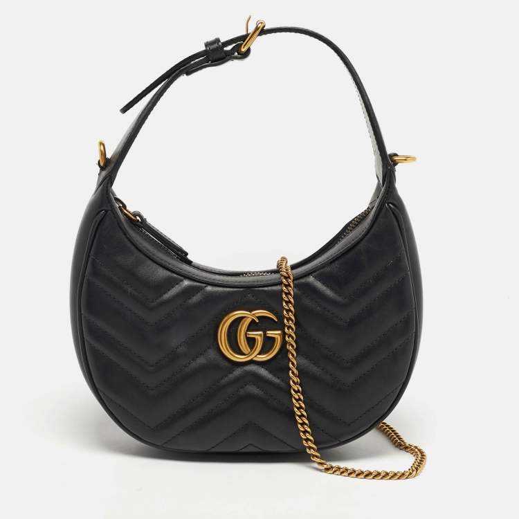 Pre Owned Gucci GG Marmont Small Black Matelassé Leather Hobo