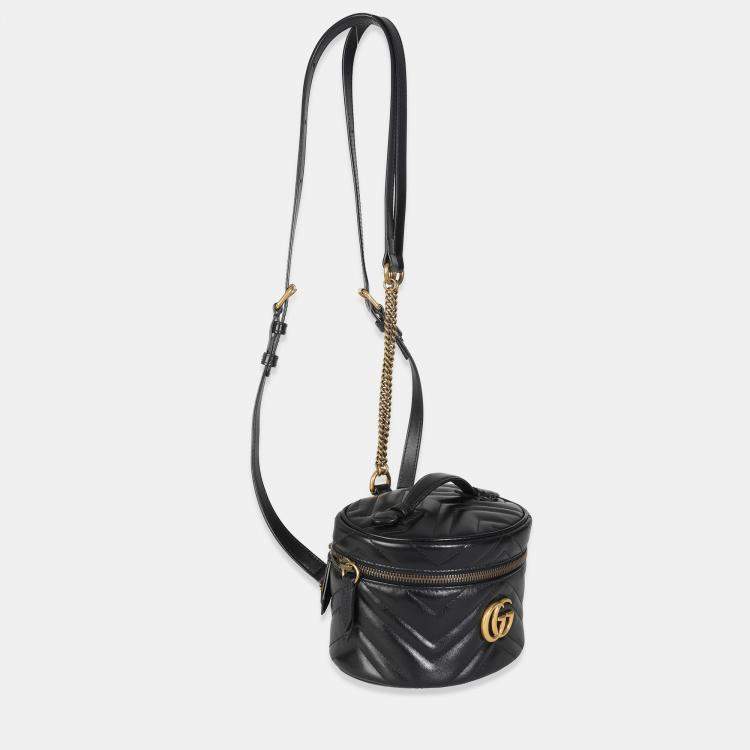 Pre Owned Gucci Black Calfskin Matelasse Mini GG Marmont Round Backpack