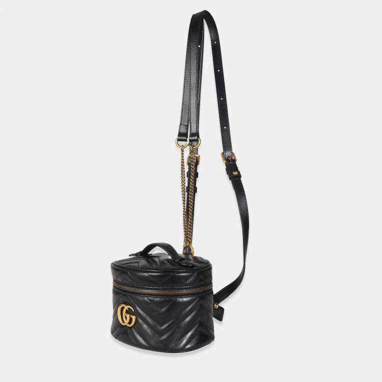 Pre Owned Gucci Black Calfskin Matelasse Mini GG Marmont Round Backpack