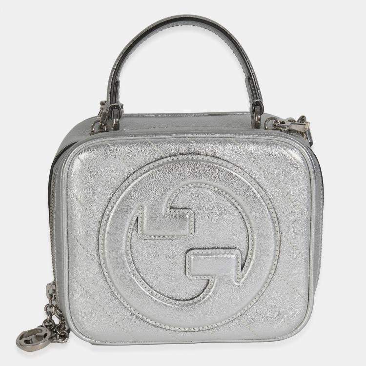 Pre Owned Gucci Silver Metallic Sakai Be Green Calfskin Diagonal Stitched Blondie Top Hand