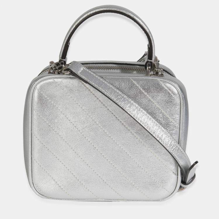 Pre Owned Gucci Silver Metallic Sakai Be Green Calfskin Diagonal Stitched Blondie Top Hand