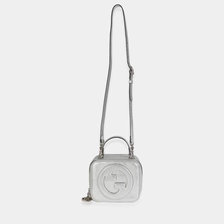 Pre Owned Gucci Silver Metallic Sakai Be Green Calfskin Diagonal Stitched Blondie Top Hand