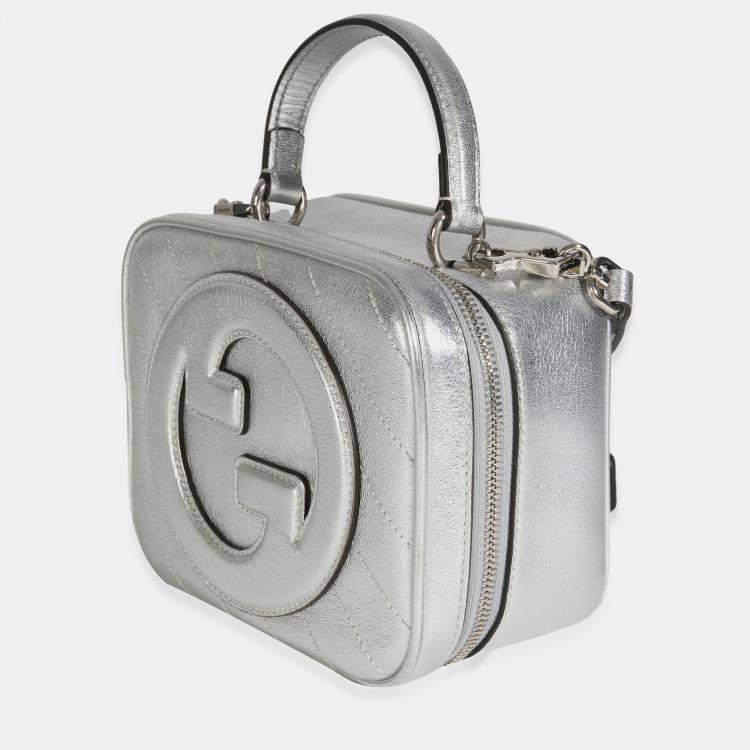 Pre Owned Gucci Silver Metallic Sakai Be Green Calfskin Diagonal Stitched Blondie Top Hand