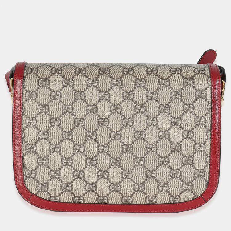 Pre Owned Gucci Cherry Red Beige GG Supreme Azalea Calfskin Horsebit 1955 Shoulder Bag