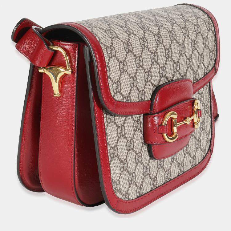 Pre Owned Gucci Cherry Red Beige GG Supreme Azalea Calfskin Horsebit 1955 Shoulder Bag