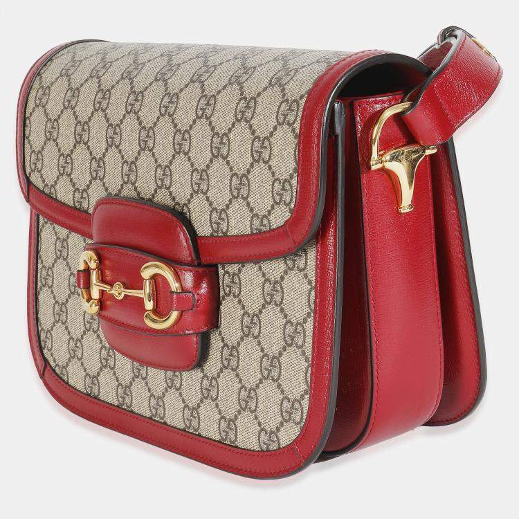 Pre Owned Gucci Cherry Red Beige GG Supreme Azalea Calfskin Horsebit 1955 Shoulder Bag