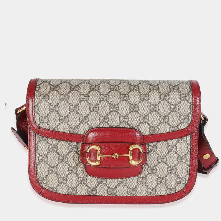 Pre Owned Gucci Cherry Red Beige GG Supreme Azalea Calfskin Horsebit 1955 Shoulder Bag