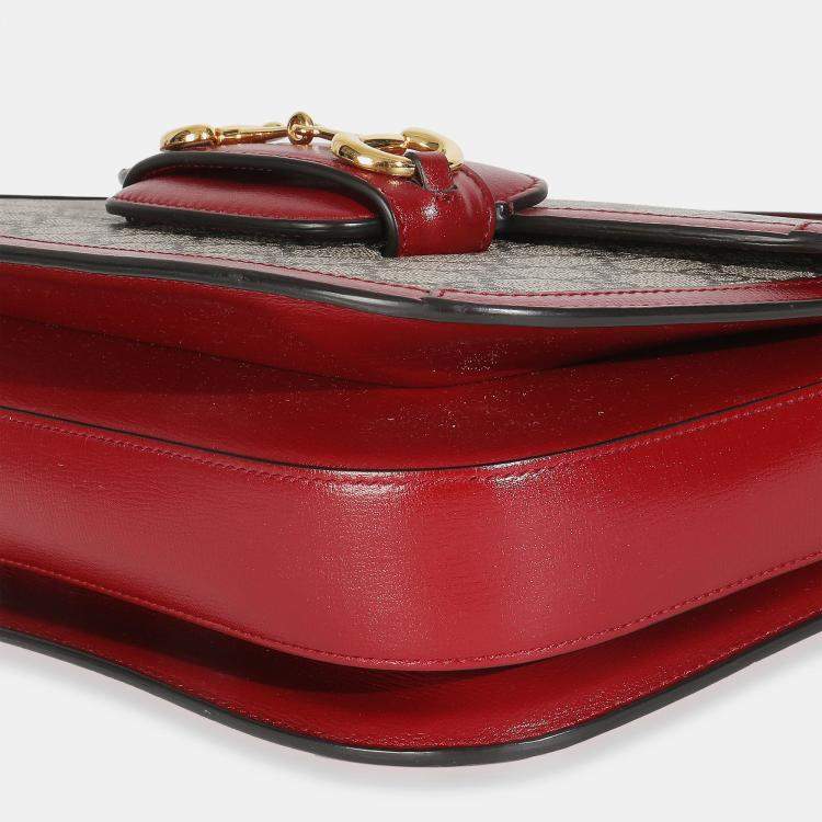 Pre Owned Gucci Cherry Red Beige GG Supreme Azalea Calfskin Horsebit 1955 Shoulder Bag
