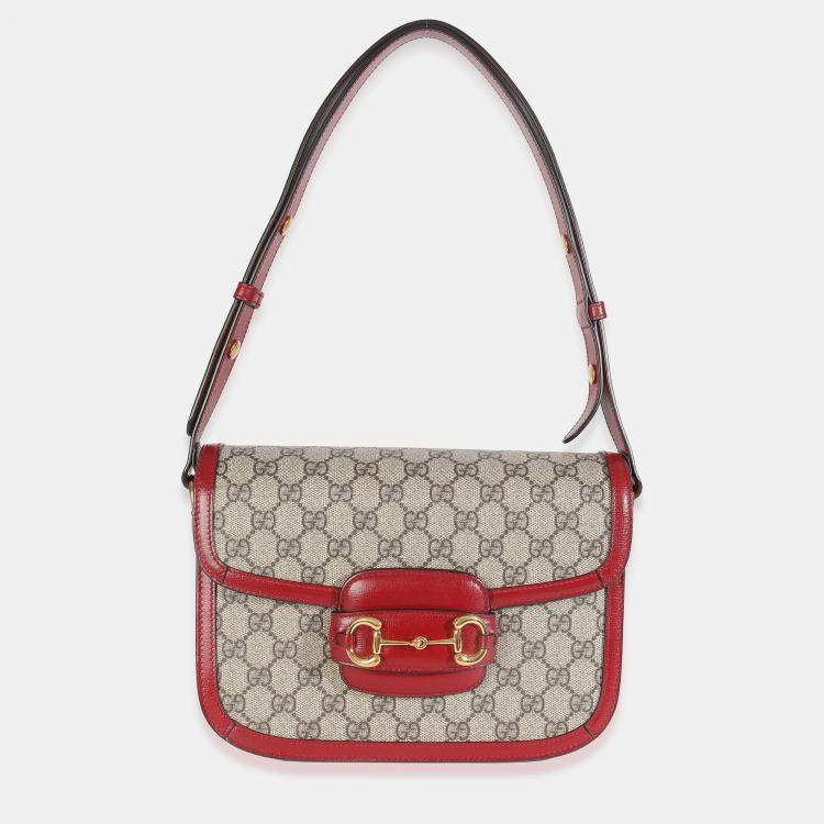 Pre Owned Gucci Cherry Red Beige GG Supreme Azalea Calfskin Horsebit 1955 Shoulder Bag