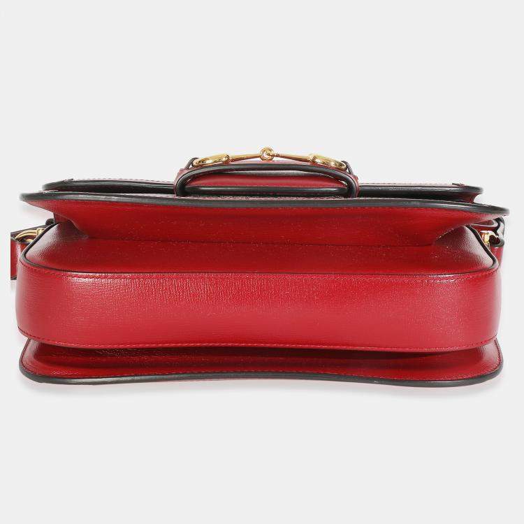 Pre Owned Gucci Cherry Red Beige GG Supreme Azalea Calfskin Horsebit 1955 Shoulder Bag