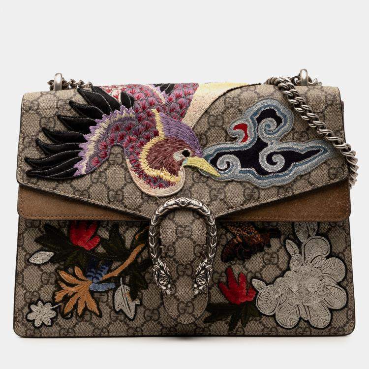 Pre Owned Gucci Brown Medium GG Supreme Embroidered Bird and Flowers Dionysus Shoulder Bag