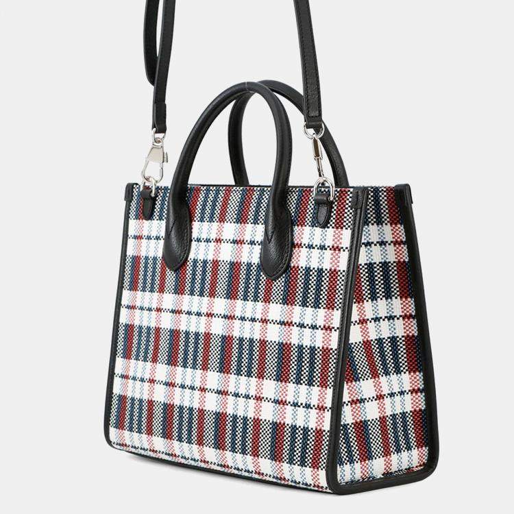 Pre Owned Gucci Embroidery Check 2-Way Tote Bag Multicolor/Beige Canvas Leather Size Small