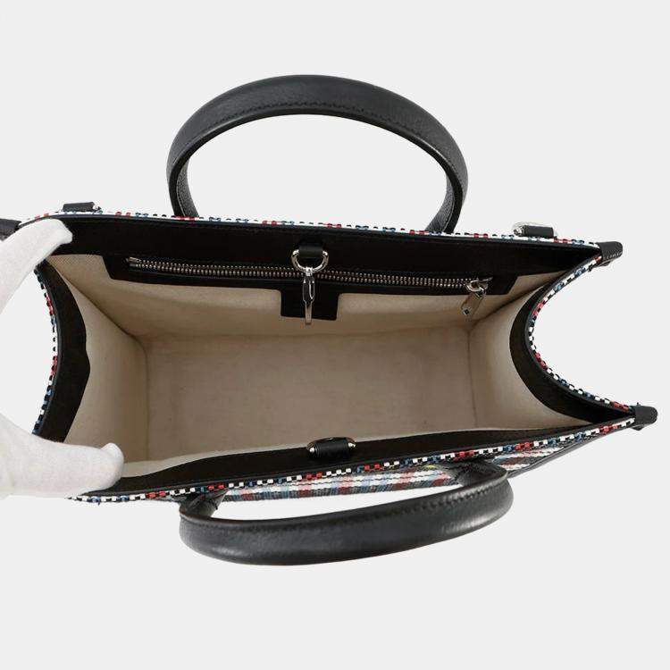 Pre Owned Gucci Embroidery Check 2-Way Tote Bag Multicolor/Beige Canvas Leather Size Small