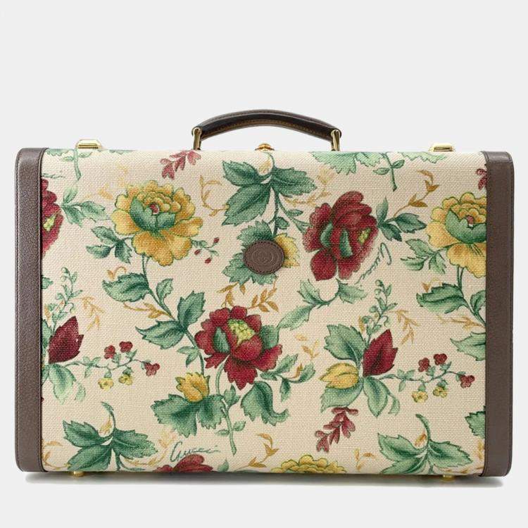 Pre Owned Gucci Flora Double G Trunk Beige/Multicolor Canvas Leather Size Medium