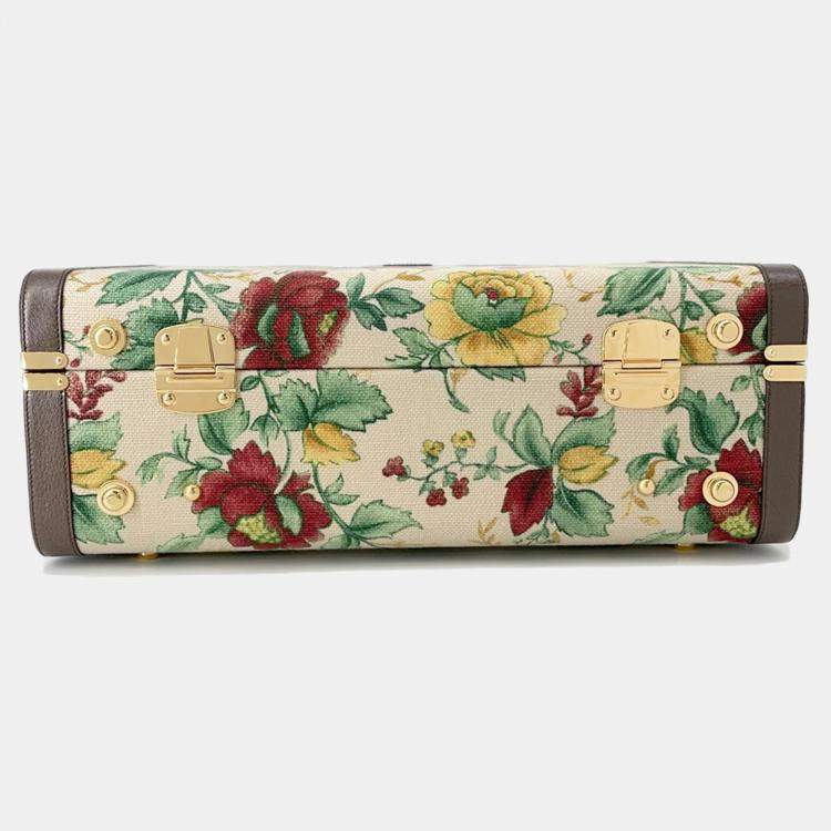Pre Owned Gucci Flora Double G Trunk Beige/Multicolor Canvas Leather Size Medium