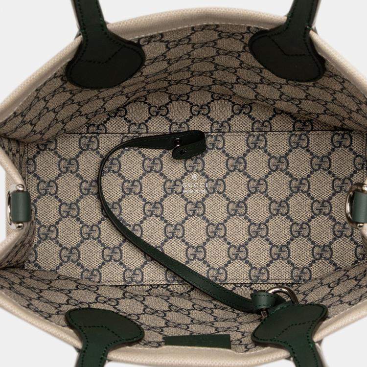 Pre Owned Gucci Brown/Green Medium Canvas Logo Tote
