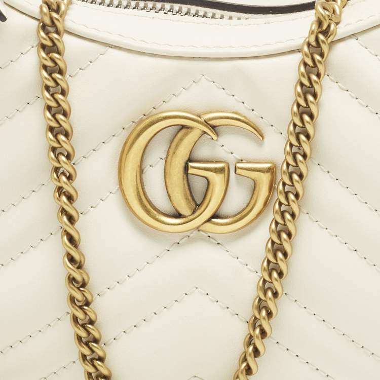 Pre Owned Gucci GG Marmont Small White Matelassé Leather Hobo