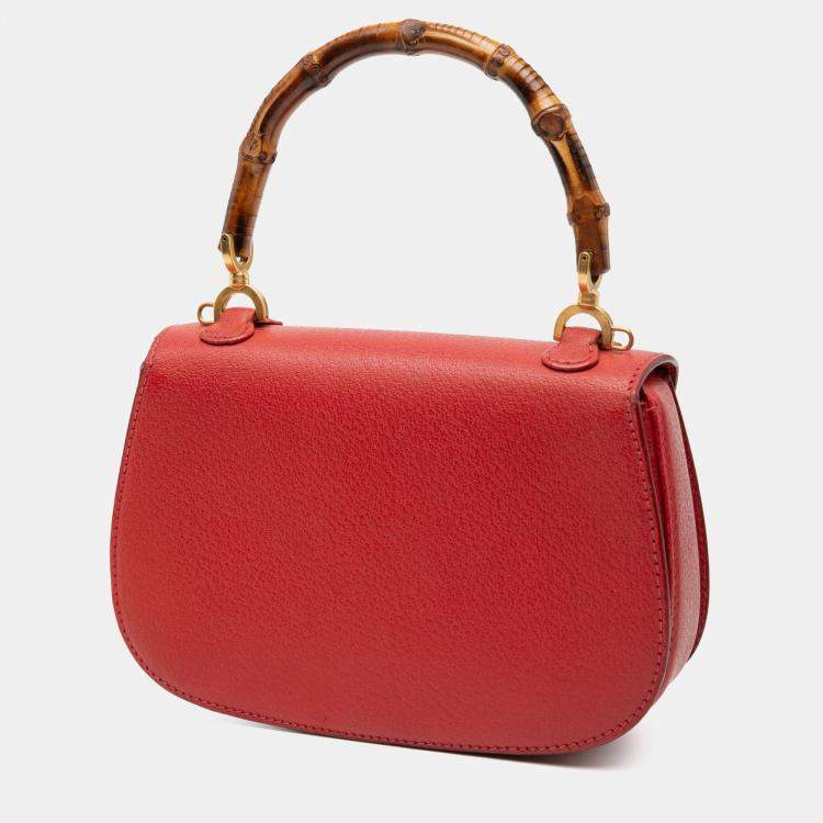 Pre Owned Gucci Red Grained Calfskin Bamboo Night