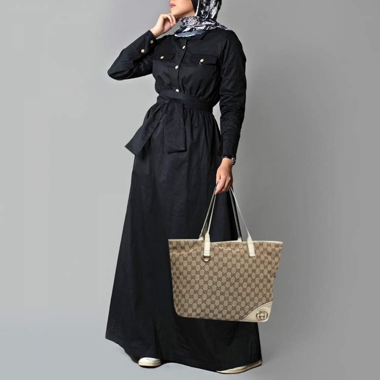 Pre Owned Gucci Britt Beige/Off White GG Canvas and Leather Tote