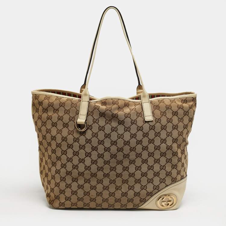 Pre Owned Gucci Britt Beige/Off White GG Canvas and Leather Tote