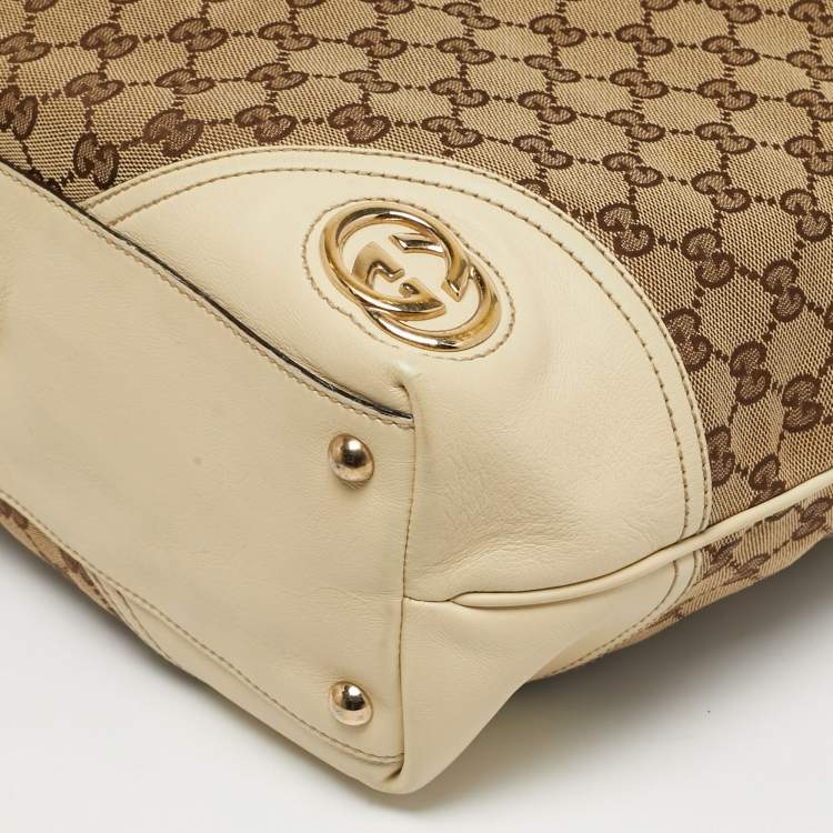 Pre Owned Gucci Britt Beige/Off White GG Canvas and Leather Tote