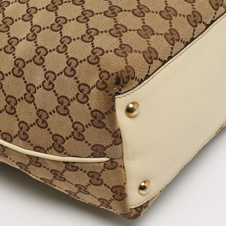 Pre Owned Gucci Britt Beige/Off White GG Canvas and Leather Tote