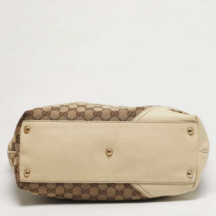 Pre Owned Gucci Britt Beige/Off White GG Canvas and Leather Tote