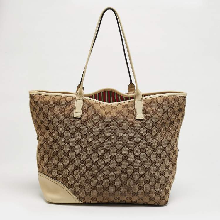Pre Owned Gucci Britt Beige/Off White GG Canvas and Leather Tote