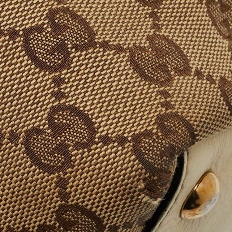 Pre Owned Gucci Britt Beige/Off White GG Canvas and Leather Tote