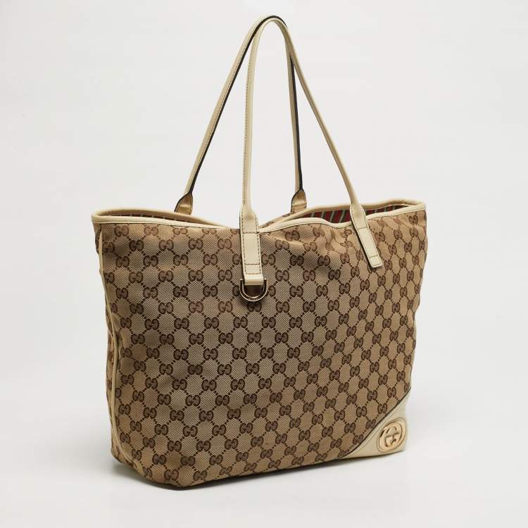 Pre Owned Gucci Britt Beige/Off White GG Canvas and Leather Tote
