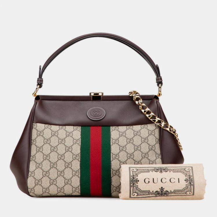 Pre Owned Gucci Gg Supreme Ophidia Handbag Chain Shoulder Bag Beige Brown Leather Gucci