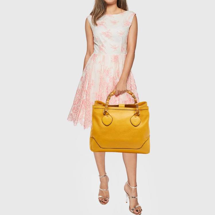 Pre Owned Gucci Bamboo Handle Mustard Leather Tote