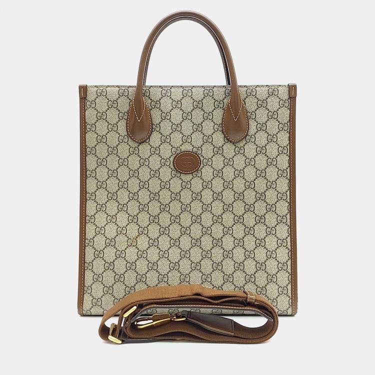 Pre Owned Gucci Beige Brown PVC Interlocking G Tote and Shoulder Bag