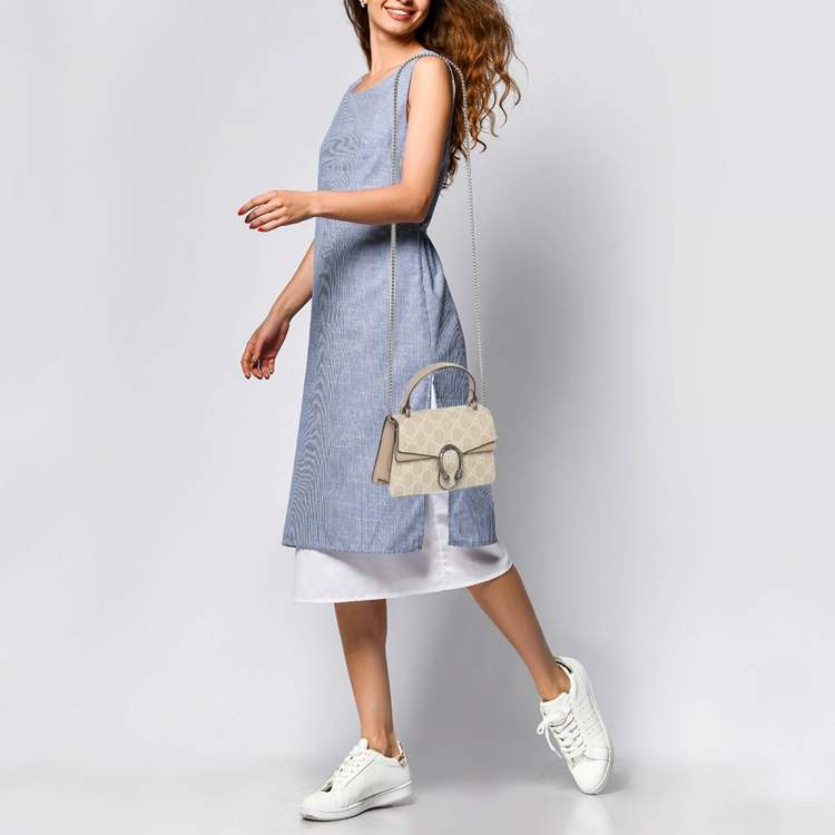 Pre Owned Gucci Dionysus Mini Beige GG Supreme Canvas Top Handle Bag