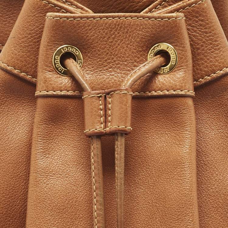 Pre Owned Gucci Bamboo Brown Leather Drawstring Sling Backpack