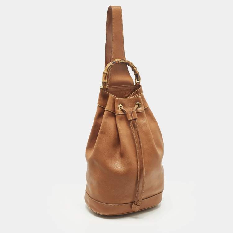 Pre Owned Gucci Bamboo Brown Leather Drawstring Sling Backpack