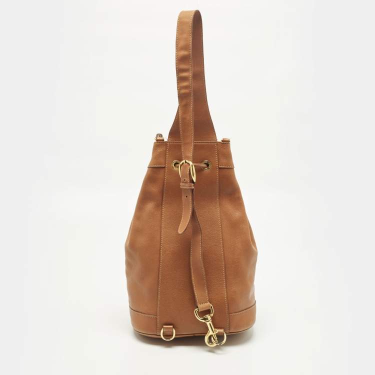 Pre Owned Gucci Bamboo Brown Leather Drawstring Sling Backpack
