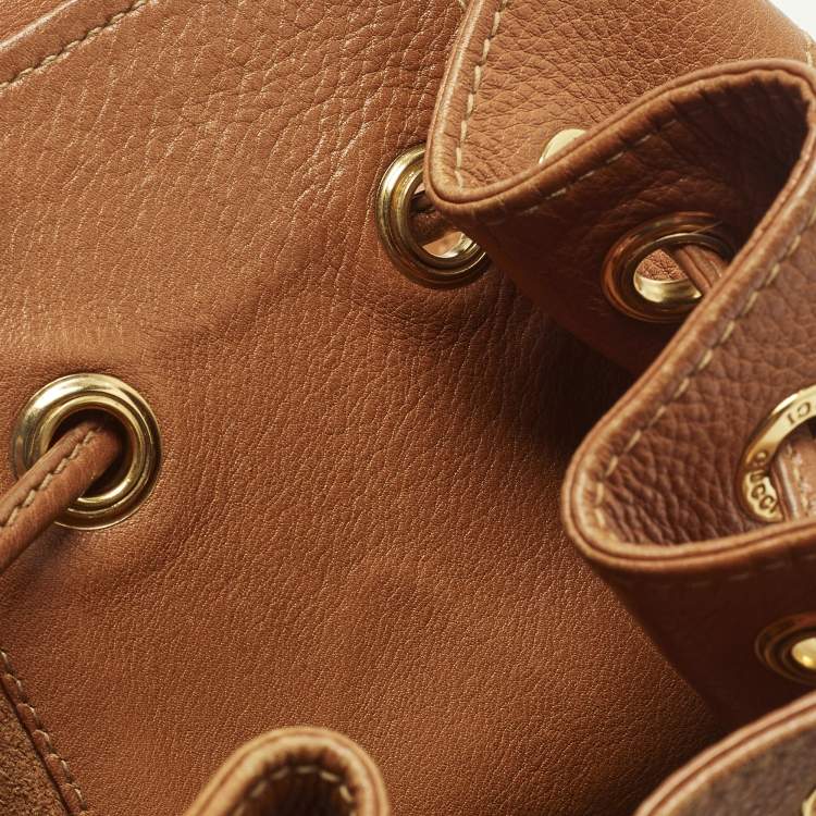 Pre Owned Gucci Bamboo Brown Leather Drawstring Sling Backpack