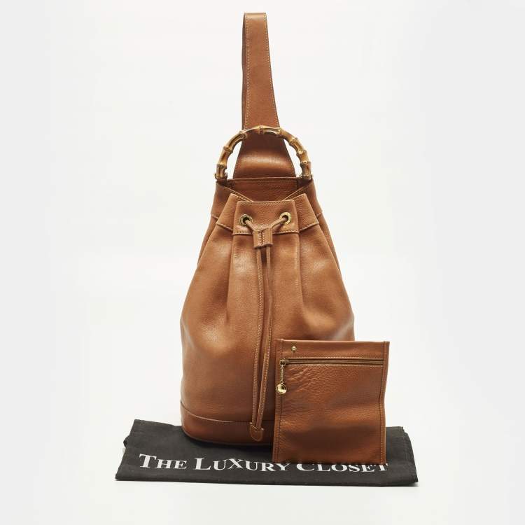 Pre Owned Gucci Bamboo Brown Leather Drawstring Sling Backpack