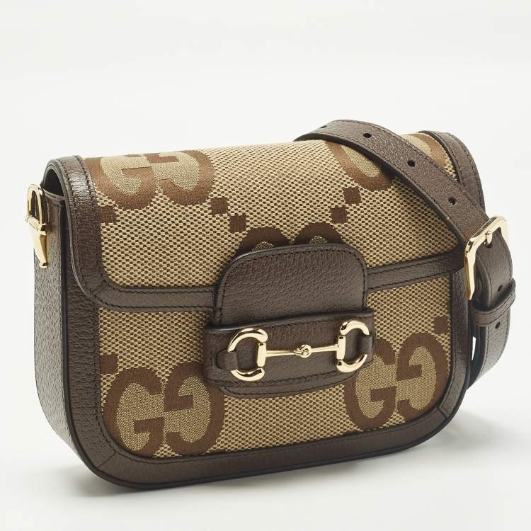 Pre Owned Gucci Horsebit 1955 Mini Brown GG Jumbo Canvas and Leather Crossbody Bag