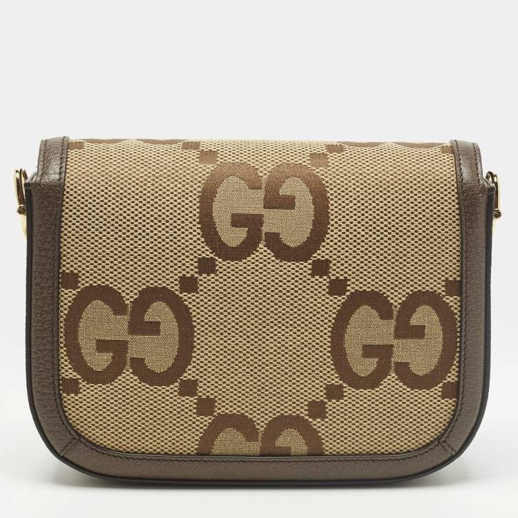Pre Owned Gucci Horsebit 1955 Mini Brown GG Jumbo Canvas and Leather Crossbody Bag