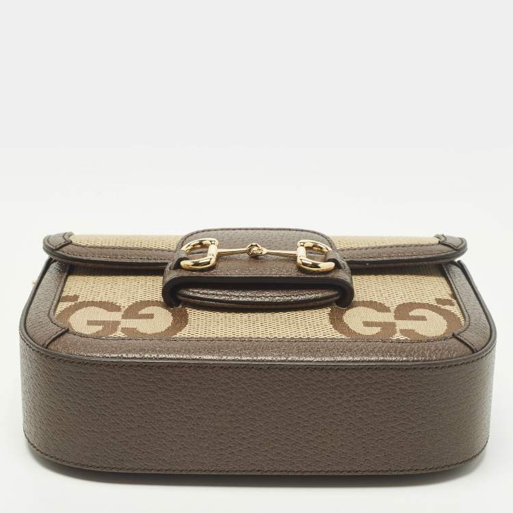 Pre Owned Gucci Horsebit 1955 Mini Brown GG Jumbo Canvas and Leather Crossbody Bag