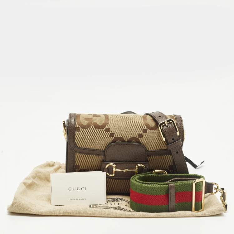 Pre Owned Gucci Horsebit 1955 Mini Brown GG Jumbo Canvas and Leather Crossbody Bag