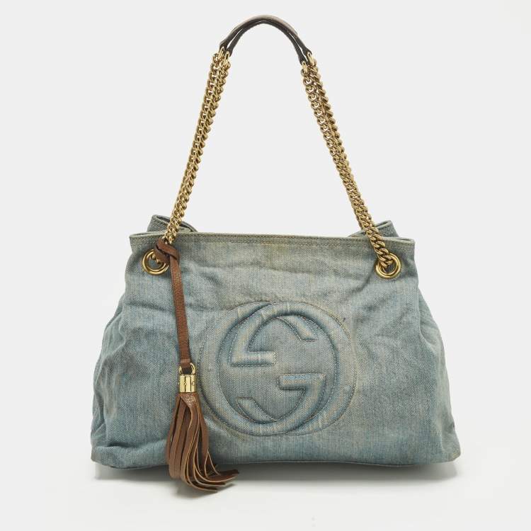 Pre Owned Gucci Soho Chain Medium Blue Denim Shoulder Bag
