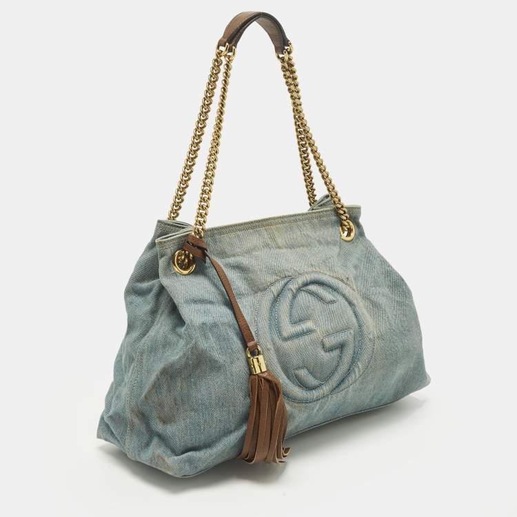 Pre Owned Gucci Soho Chain Medium Blue Denim Shoulder Bag