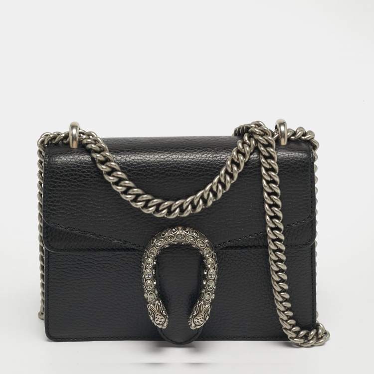 Pre Owned Gucci Crystal Dionysus Small Black Leather Shoulder Bag