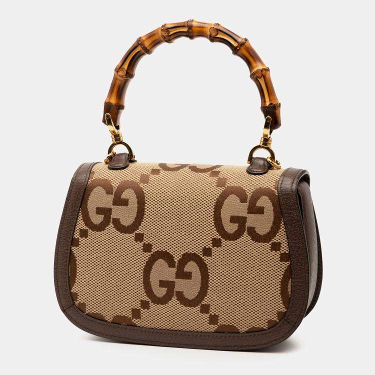 Pre Owned Gucci Brown Small Jumbo GG Canvas Bamboo 1947 Top Handle Bag