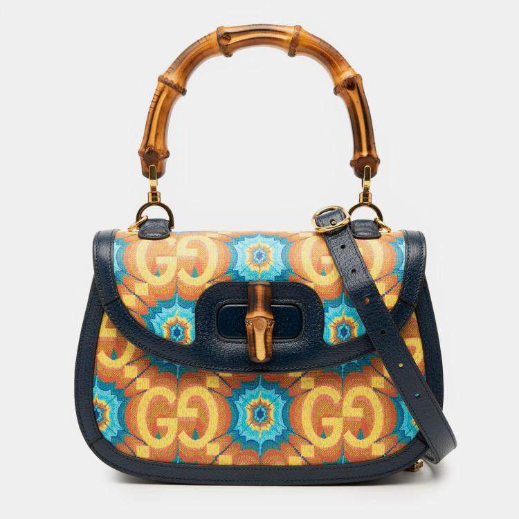 Pre Owned Gucci Blue 100th Anniversary Medium GG Coated Canvas Kaleidoscope 1947 Bamboo Top Handle Bag